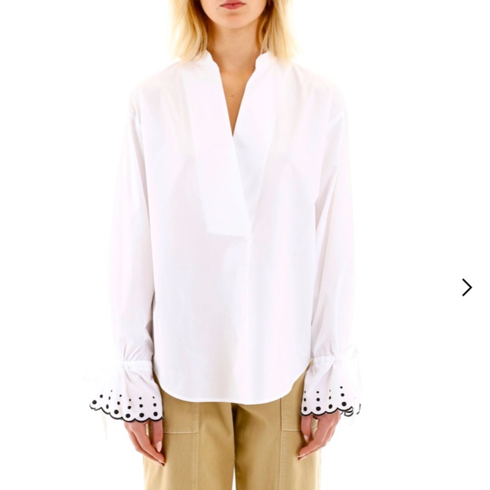 See by Chloe V Neck Polka Dot Balloon Ruffle Eyelet Sleeve Blouse